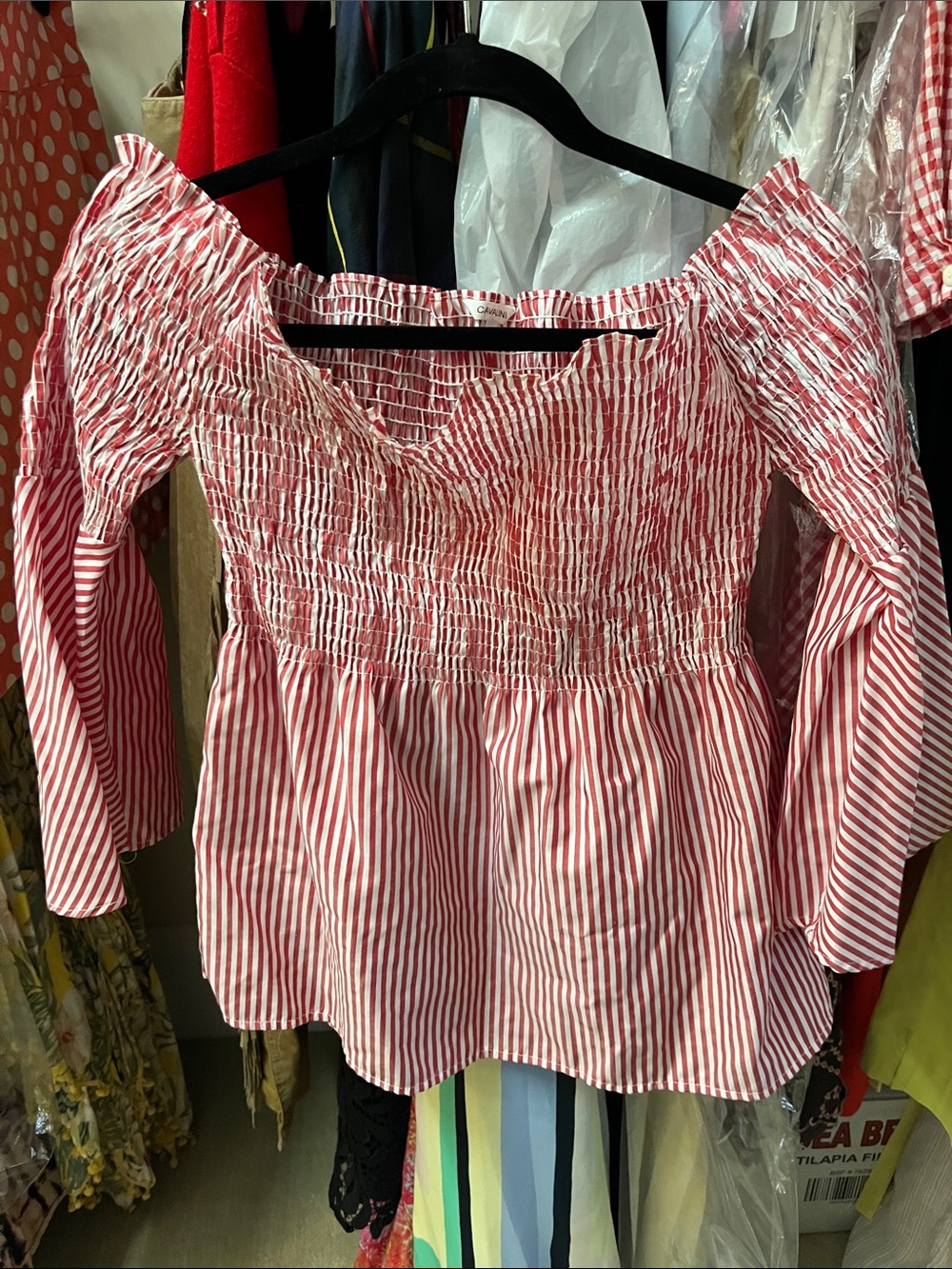 Smocked Off-Shoulder Peplum Blouse in Red and White Stripes
